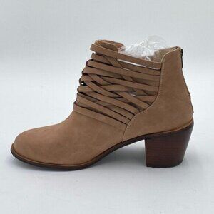 Khaki Womens Cutout Ankle Boots Round Toe Slip On Chunky Low Heel Suede Shoes